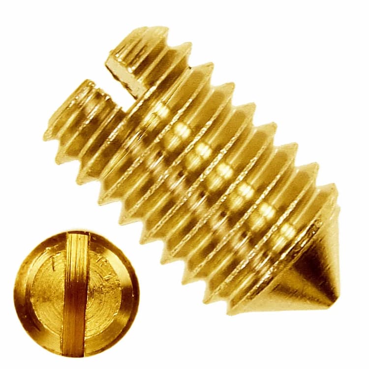 Винт М4х6, DIN 553 / ISO 7434 установочный с прямым шлицем и острым коническим концом, латунь