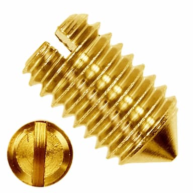 Винт М3х5, DIN 553 / ISO 7434 установочный с прямым шлицем и острым коническим концом, латунь